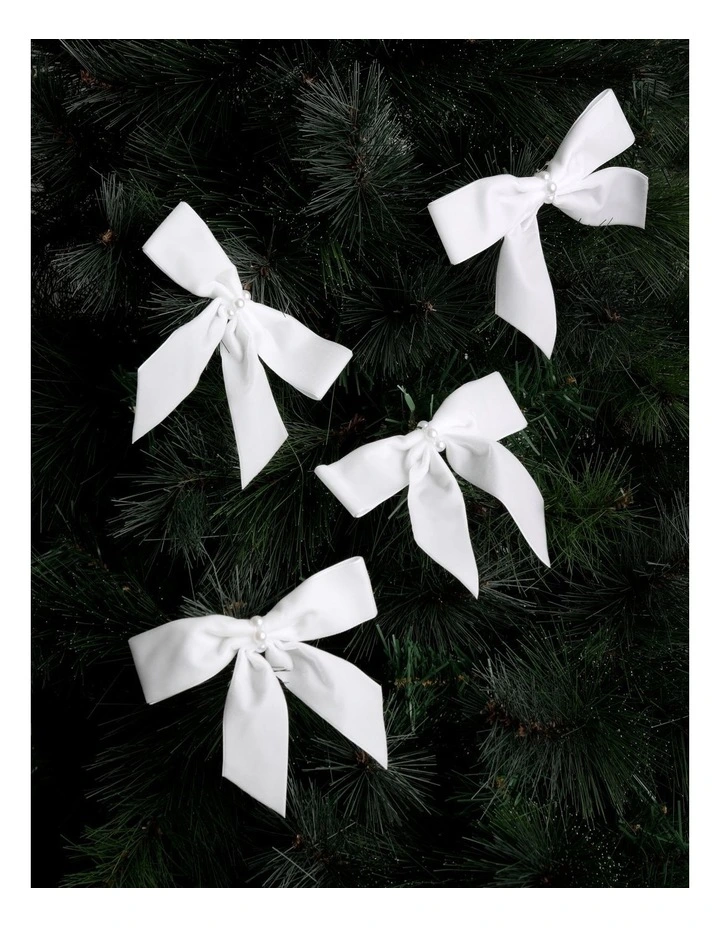 Luxe Christmas Fabric Set of 4 Velvet & Gem Bow Clips 14cm in White image 1