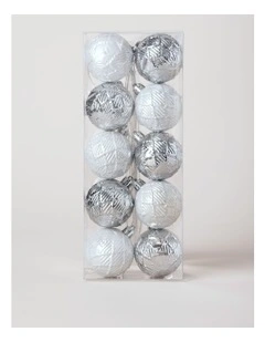 Luxe Christmas 10pk Shatterproof Textured Baubles 6cm in White/Silver