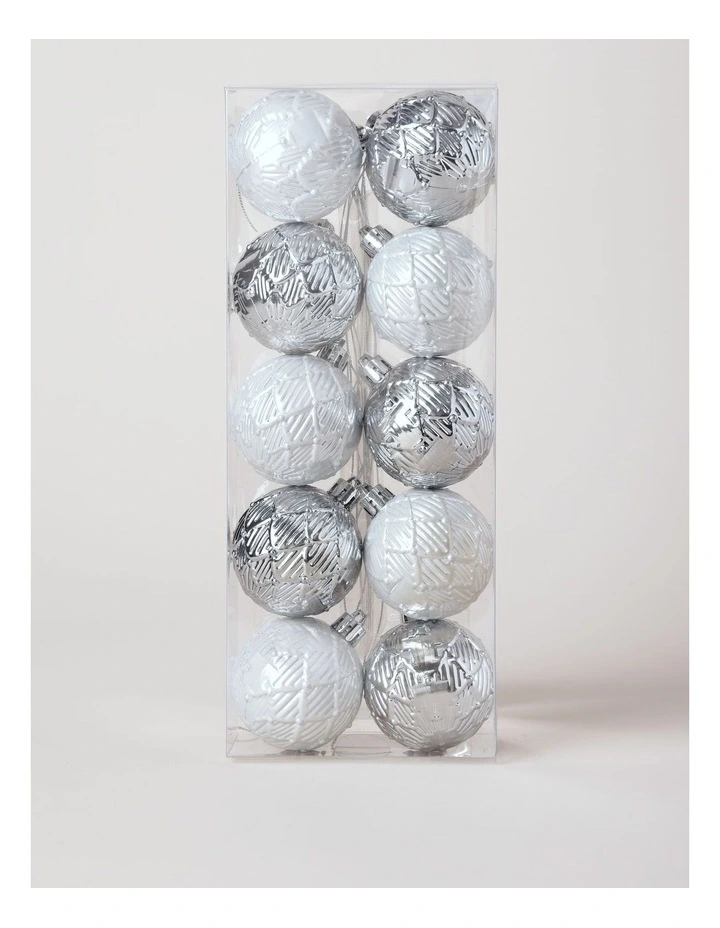 Luxe Christmas 10pk Shatterproof Textured Baubles 6cm in White/Silver image 1