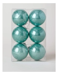 Eucalyptus Christmas 6pk Plastic Clear Bauble with Glitter 8cm in Blue
