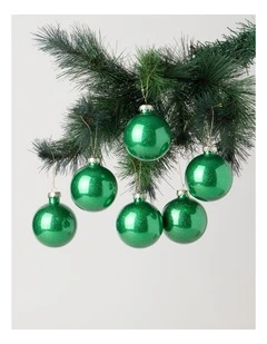 Heirloom Christmas 6pk Plastic Clear Bauble with Glitter 8cm in Green