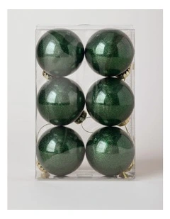 Heirloom Christmas 6pk Plastic Clear Bauble with Glitter 8cm in Green
