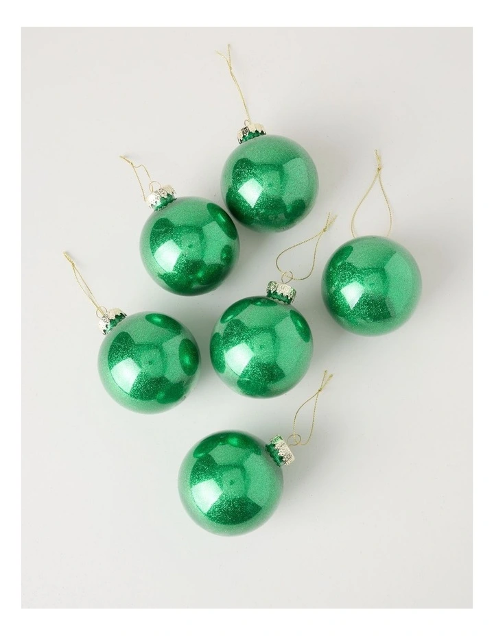 Heirloom Christmas 6pk Plastic Clear Bauble with Glitter 8cm in Green image 2