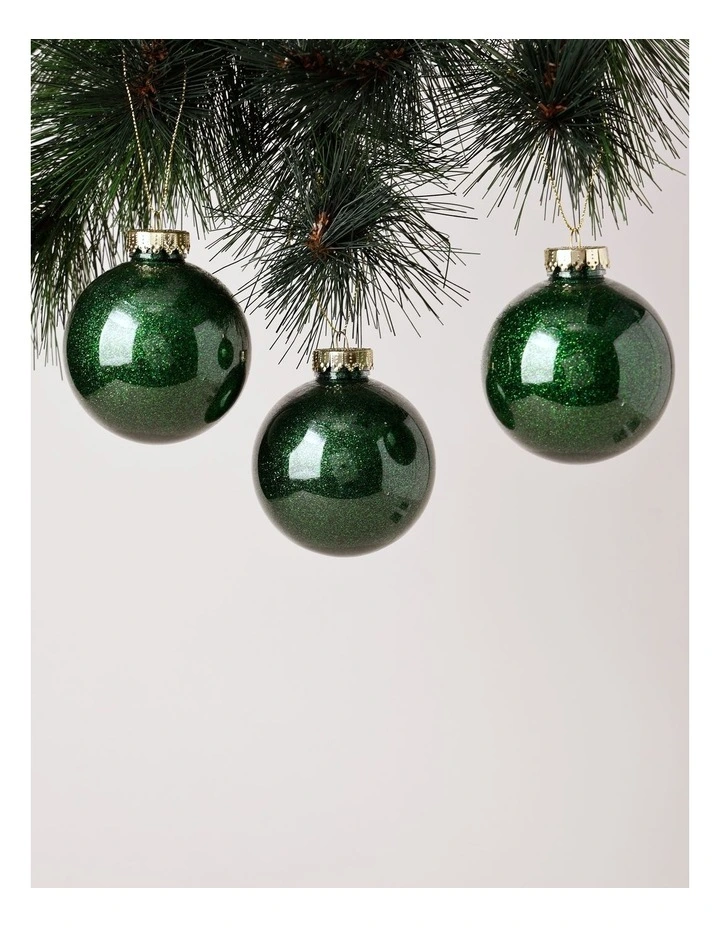Heirloom Christmas 6pk Plastic Clear Bauble with Glitter 8cm in Green image 2