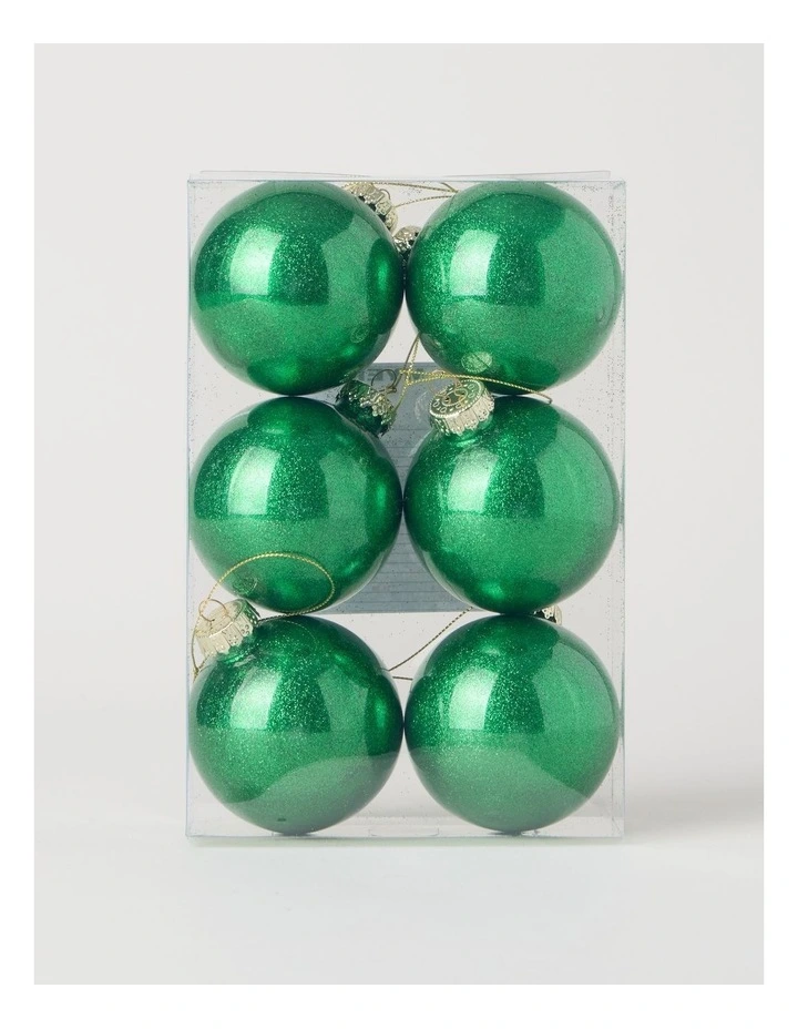 Heirloom Christmas 6pk Plastic Clear Bauble with Glitter 8cm in Green image 3