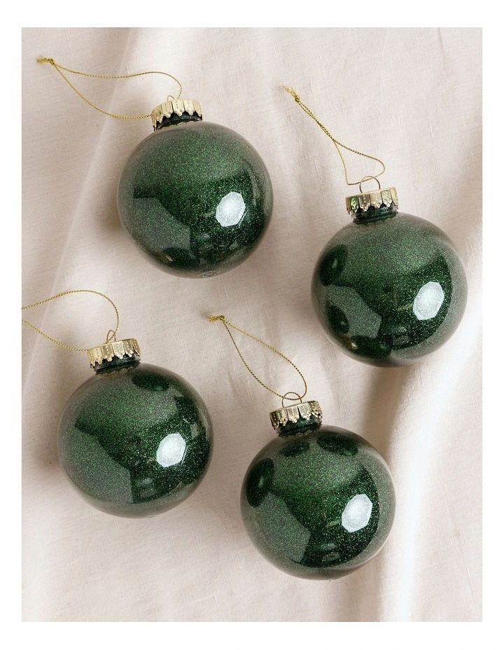 Heirloom Christmas 6pk Plastic Clear Bauble with Glitter 8cm in Green image 3