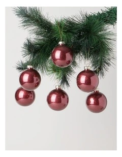 Heirloom Christmas 6pk Plastic Clear Baubles with Glitter 8cm in Red