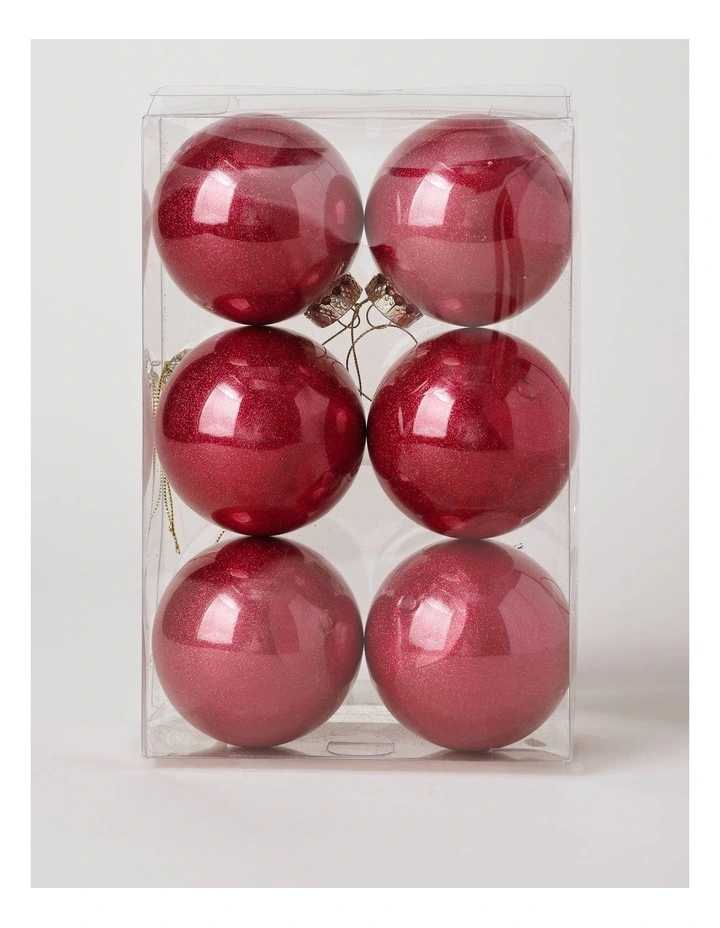 Heirloom Christmas 6pk Plastic Clear Baubles with Glitter 8cm in Red image 1