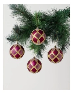 Heirloom Glitter Grid Baubles 4pk in Red and Gold: 8cm