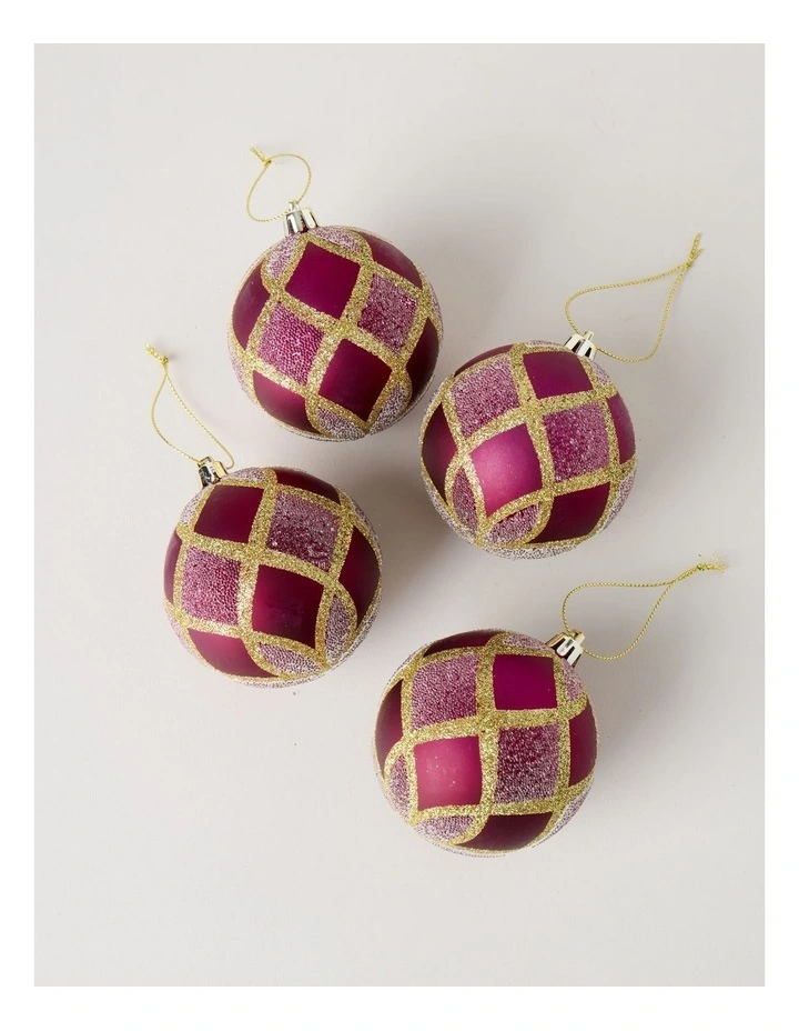 Heirloom Glitter Grid Baubles 4pk in Red and Gold: 8cm image 2
