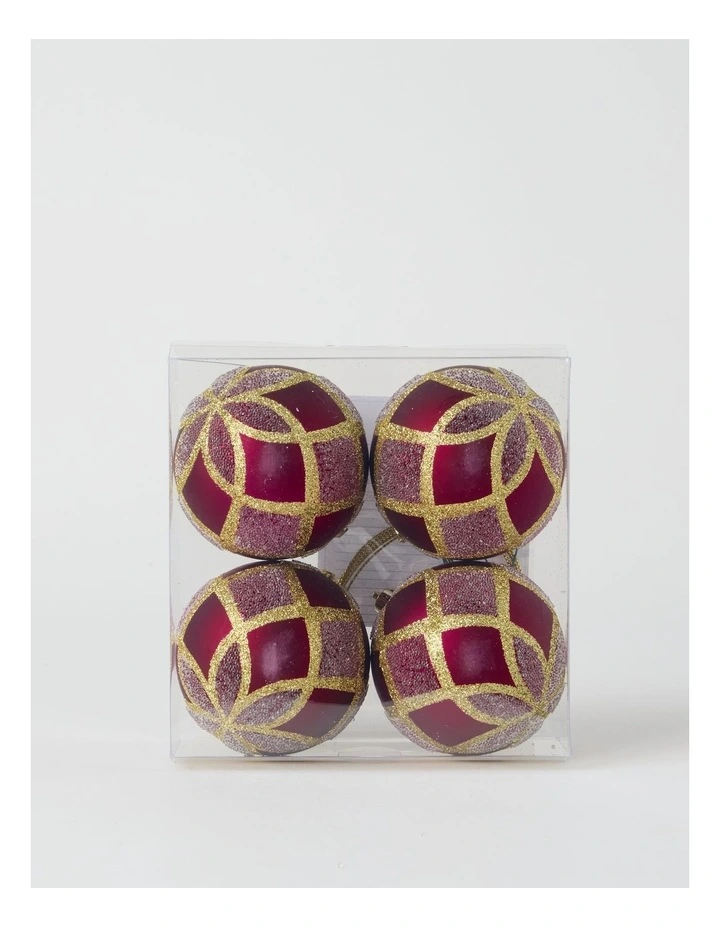 Heirloom Glitter Grid Baubles 4pk in Red and Gold: 8cm image 3