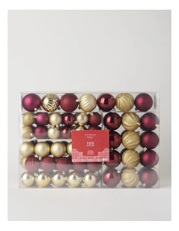 Heirloom Shatterproof Baubles 100pk in Red and Gold: 5/6/7cm image 1
