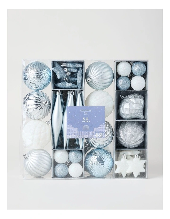 Luxe Shatterproof Ornaments 50pk in Blue, Silver, and White: Assorted Sizes image 1