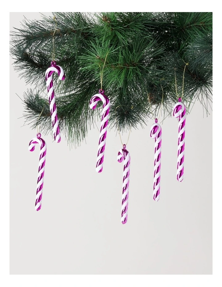 Nostalgia Candy Cane Ornament 6pk in Pink and White: 13cm image 2