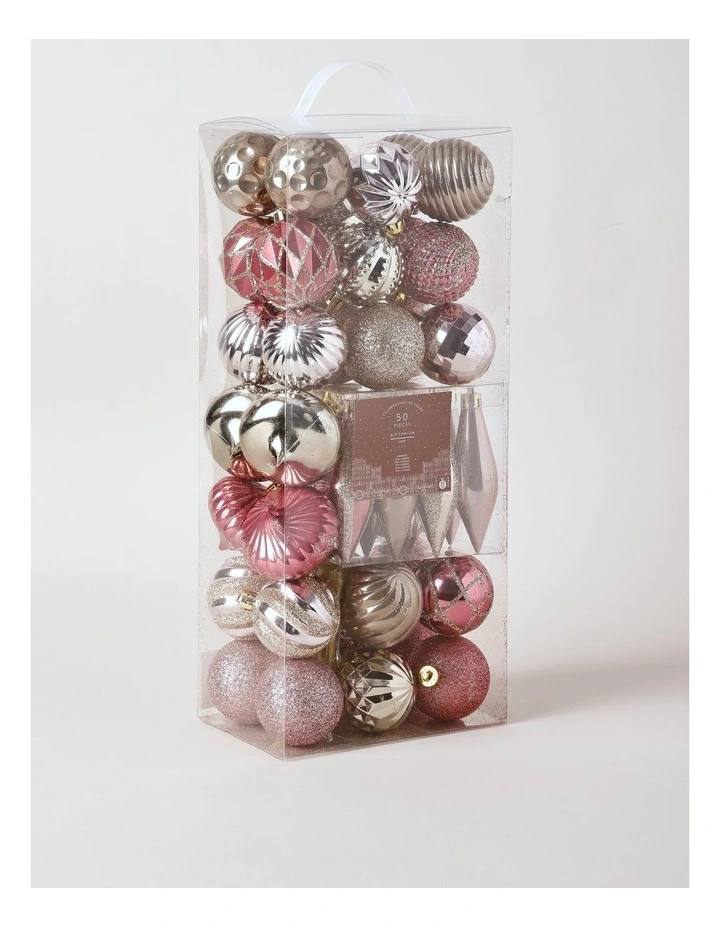 Luxe Christmas Assorted DeLuxe Christmas Champagne & Pink Shatter-Resistant Ornaments 50pk image 1