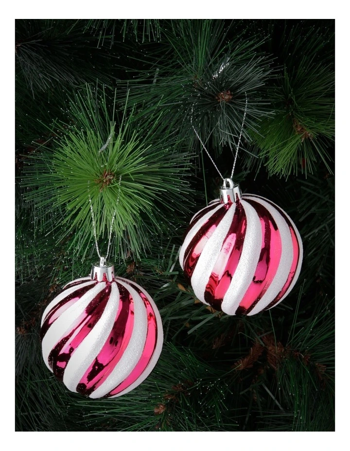 Candyland Christmas 4pk Embossed Glittered Swirl Baubles 8cm in Red/White image 1