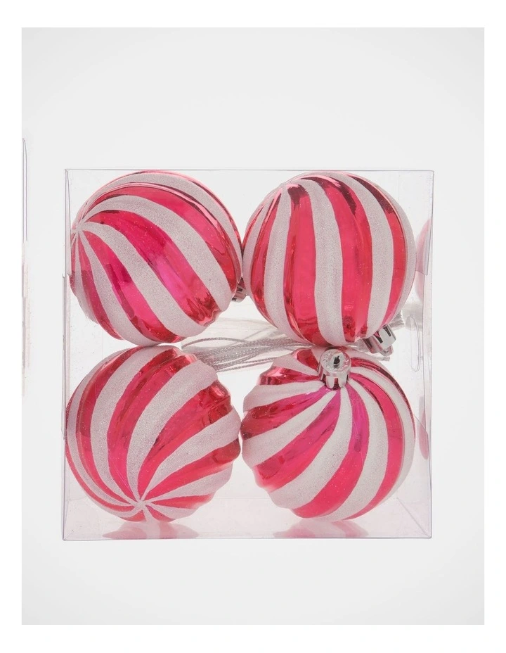 Candyland Christmas 4pk Embossed Glittered Swirl Baubles 8cm in Red/White image 3