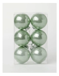 Eucalyptus Christmas 6pk Plastic Clear Bauble withGlitter 8cm in Green