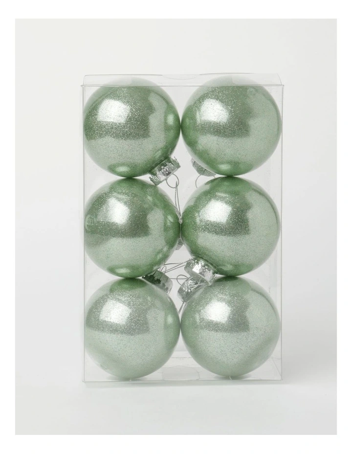 Eucalyptus Christmas 6pk Plastic Clear Bauble withGlitter 8cm in Green image 1