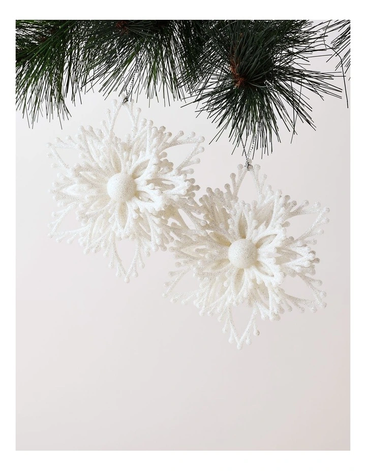 Luxe Christmas Glitter Plastic Set of 2 Layered Snowflake 14cm in White image 1