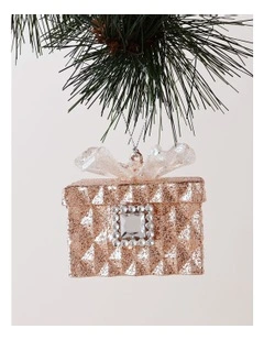 Luxe Christmas Glittered Gift Box Ornament with Gem 7cm in Pink