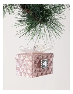 Luxe Christmas Glittered Gift Box Ornament with Gem 7cm in Pink