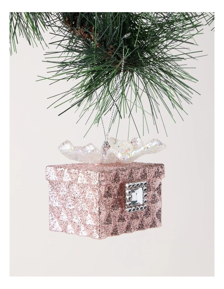 Luxe Christmas Glittered Gift Box Ornament with Gem 7cm in Pink image 1