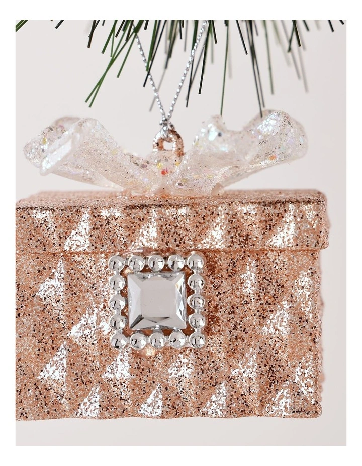 Luxe Christmas Glittered Gift Box Ornament with Gem 7cm in Pink image 2