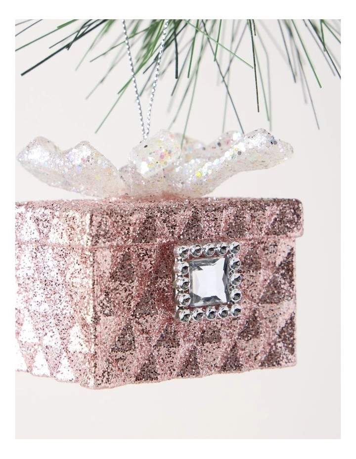 Luxe Christmas Glittered Gift Box Ornament with Gem 7cm in Pink image 2