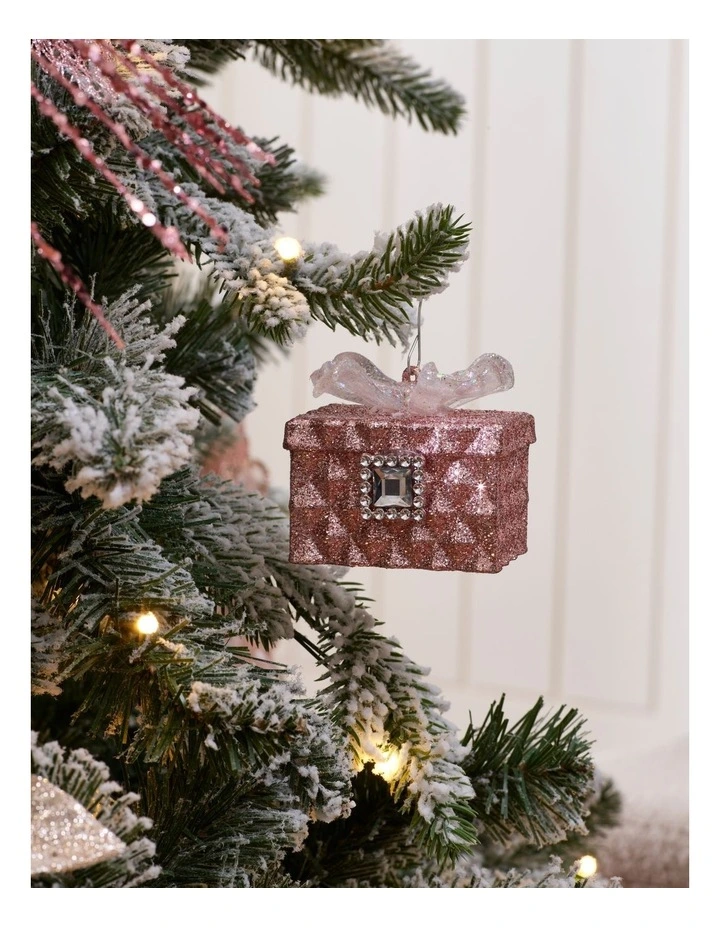 Luxe Christmas Glittered Gift Box Ornament with Gem 7cm in Pink image 3