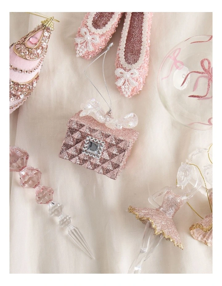 Luxe Christmas Glittered Gift Box Ornament with Gem 7cm in Pink image 3