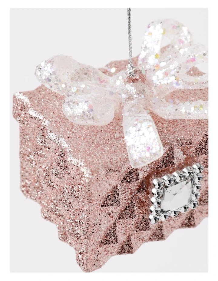 Luxe Christmas Glittered Gift Box Ornament with Gem 7cm in Pink image 4