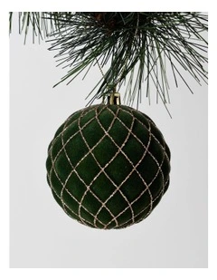 Heirloom Christmas Plastic Flocked Glitter Check Bauble 8cm in Green