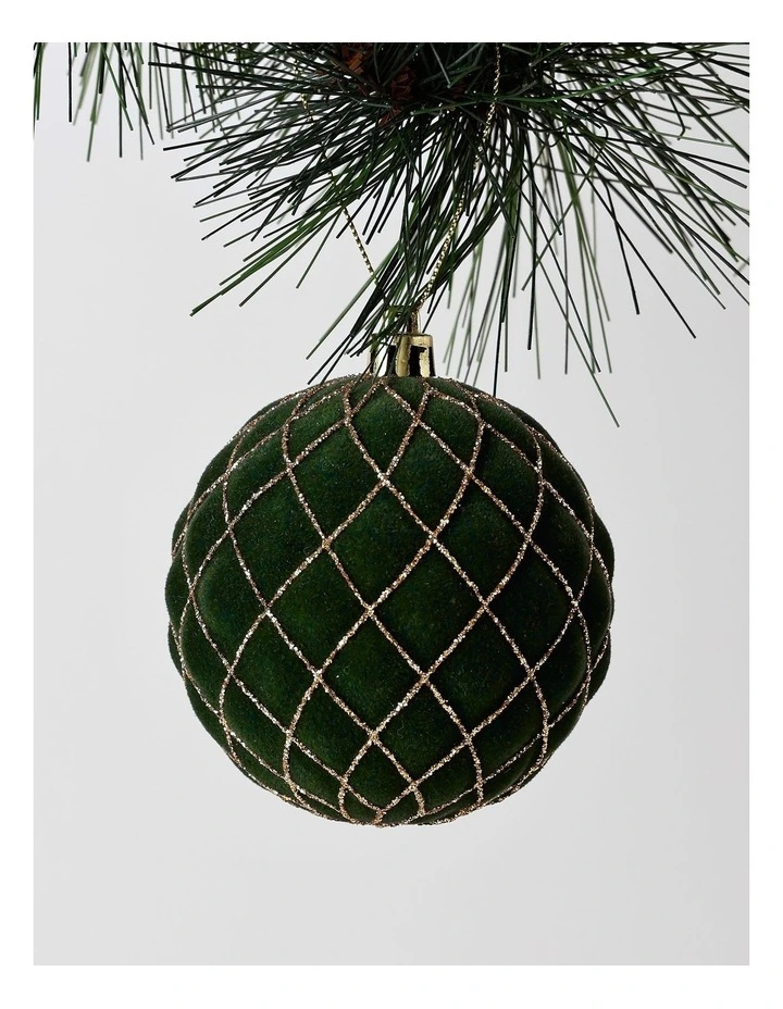Heirloom Christmas Plastic Flocked Glitter Check Bauble 8cm in Green image 1