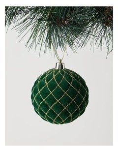 Heirloom Christmas Plastic Flocked Glitter Check Bauble 8cm in Green