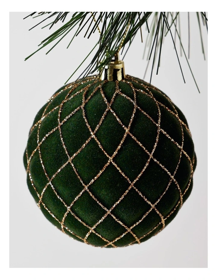 Heirloom Christmas Plastic Flocked Glitter Check Bauble 8cm in Green image 2
