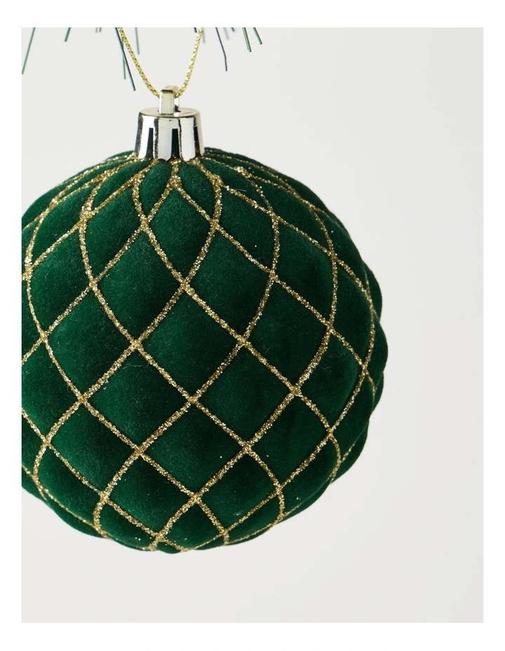 Heirloom Christmas Plastic Flocked Glitter Check Bauble 8cm in Green image 2