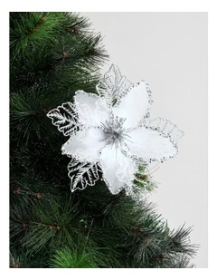 Luxe Christmas Glitter Mesh Poinsettia Clip 21cm in Silver