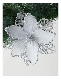 Luxe Christmas Glitter Mesh Poinsettia Clip 21cm in Silver