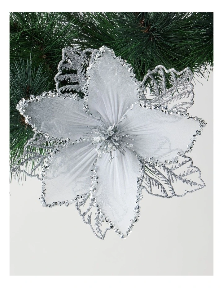 Luxe Christmas Glitter Mesh Poinsettia Clip 21cm in Silver image 1