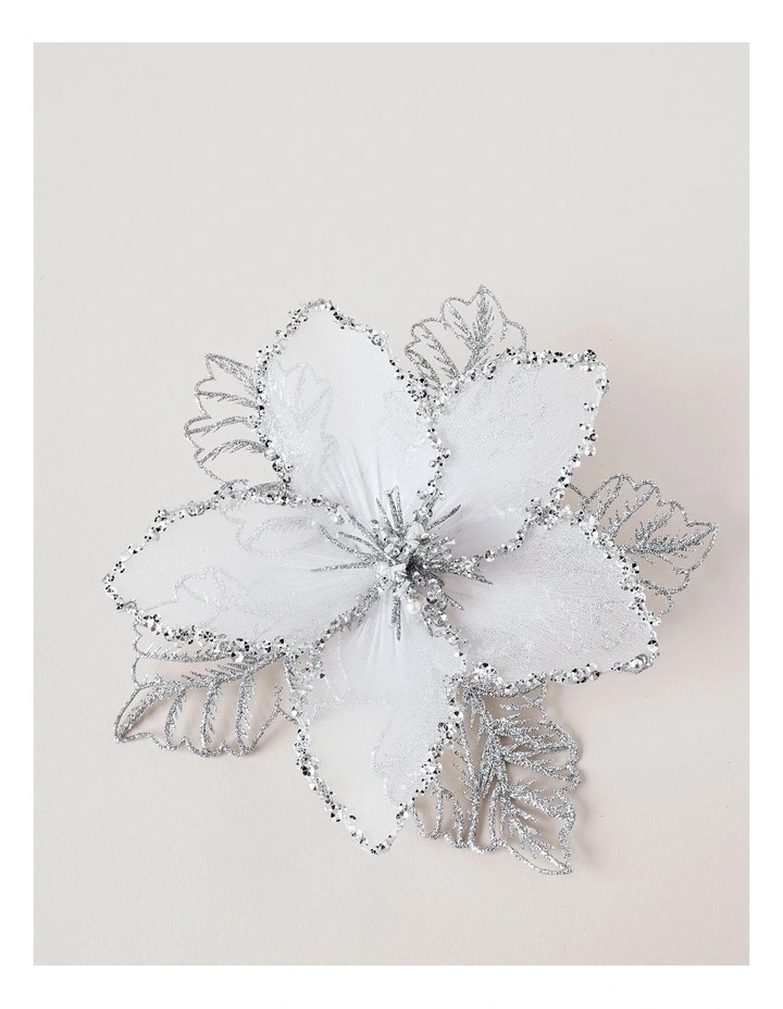 Luxe Christmas Glitter Mesh Poinsettia Clip 21cm in Silver image 2