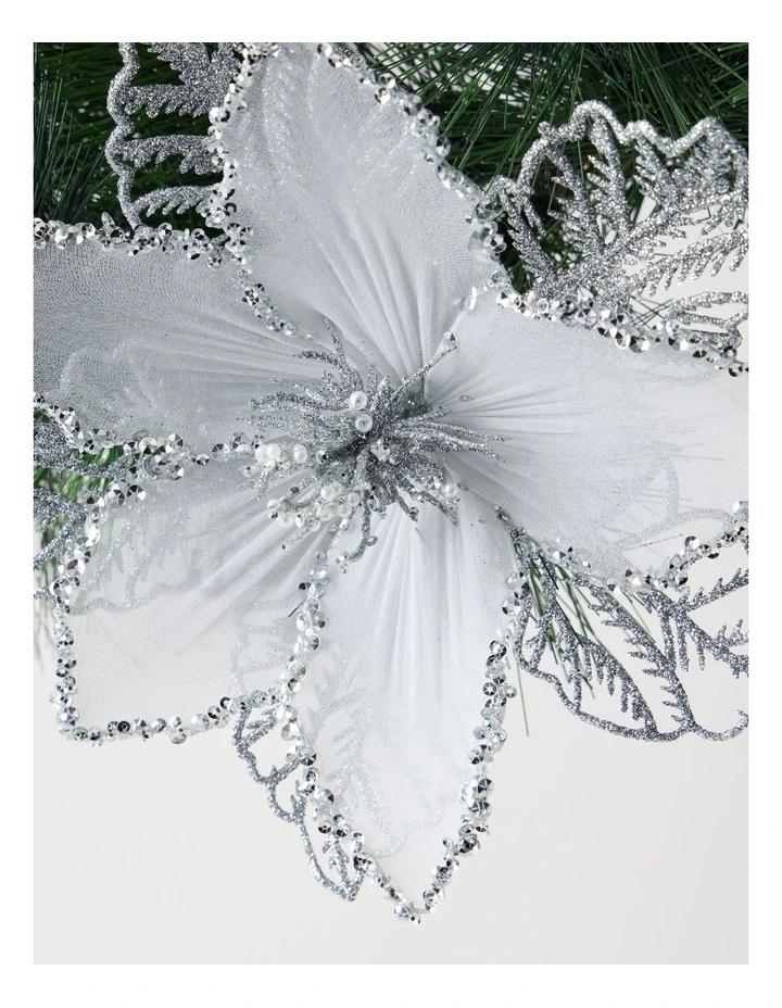 Luxe Christmas Glitter Mesh Poinsettia Clip 21cm in Silver image 2