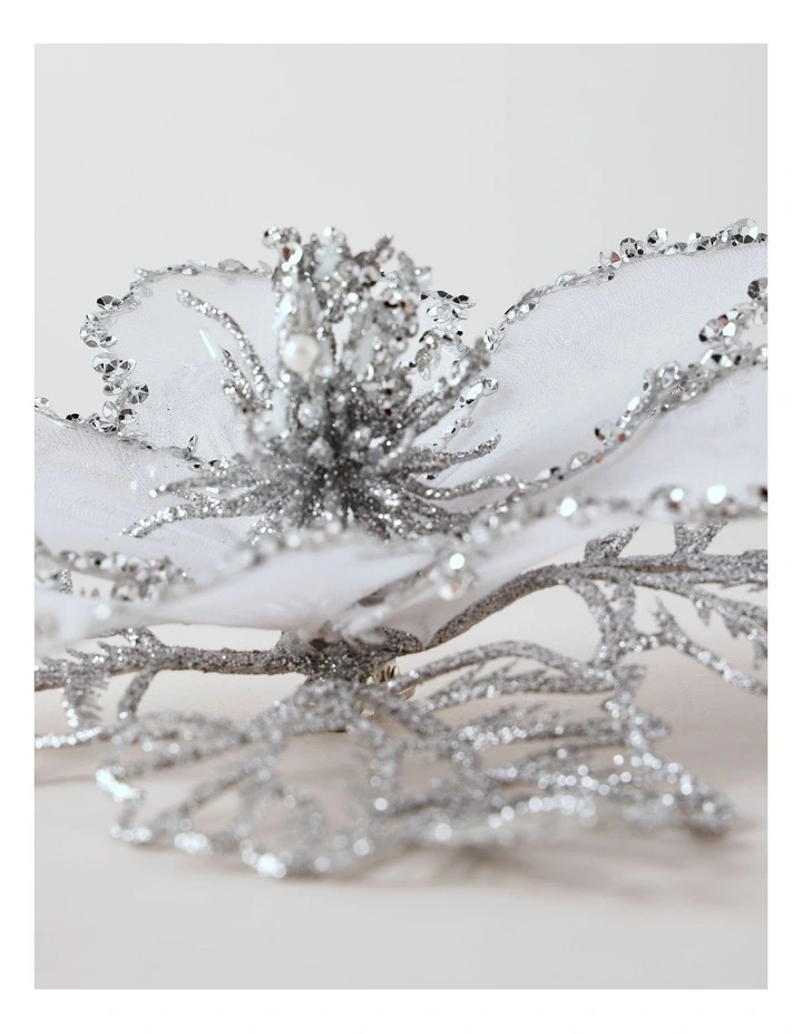 Luxe Christmas Glitter Mesh Poinsettia Clip 21cm in Silver image 3