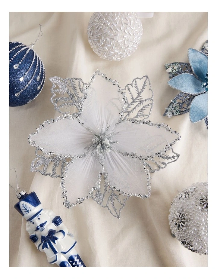 Luxe Christmas Glitter Mesh Poinsettia Clip 21cm in Silver image 3