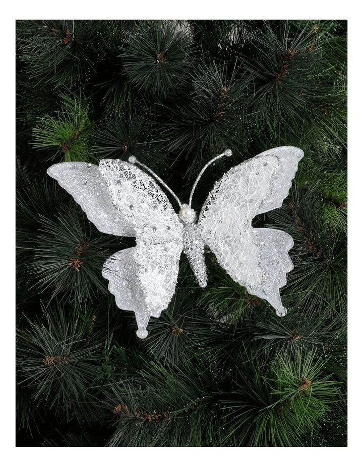 Myer Giftorium Luxe Lace Butterfly Clip 16.5cm in White/Silver MYER