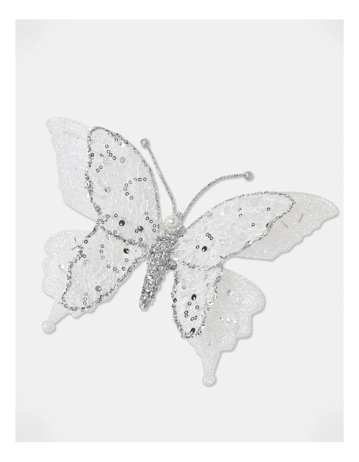 Myer Giftorium Luxe Lace Butterfly Clip 16.5cm in White/Silver MYER