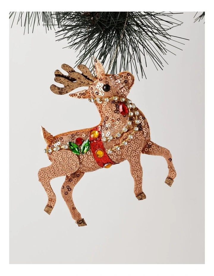 Heirloom Christmas Sequinned Plush Reindeer Ornament 15cm in Brown image 1