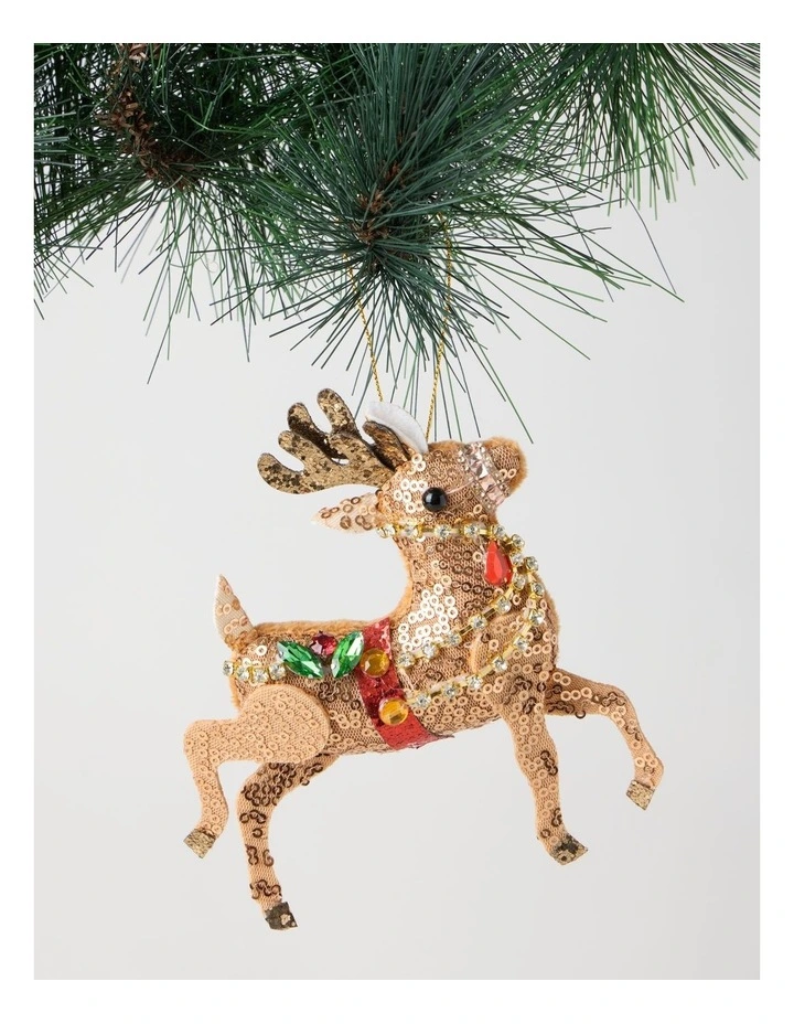 Heirloom Christmas Sequinned Plush Reindeer Ornament 15cm in Brown image 1