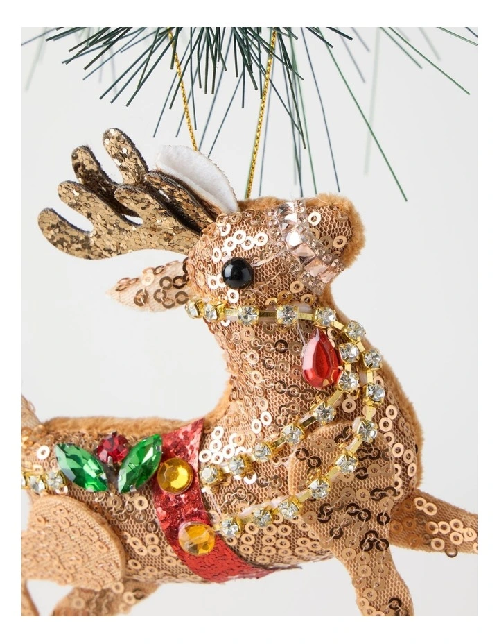 Heirloom Christmas Sequinned Plush Reindeer Ornament 15cm in Brown image 2