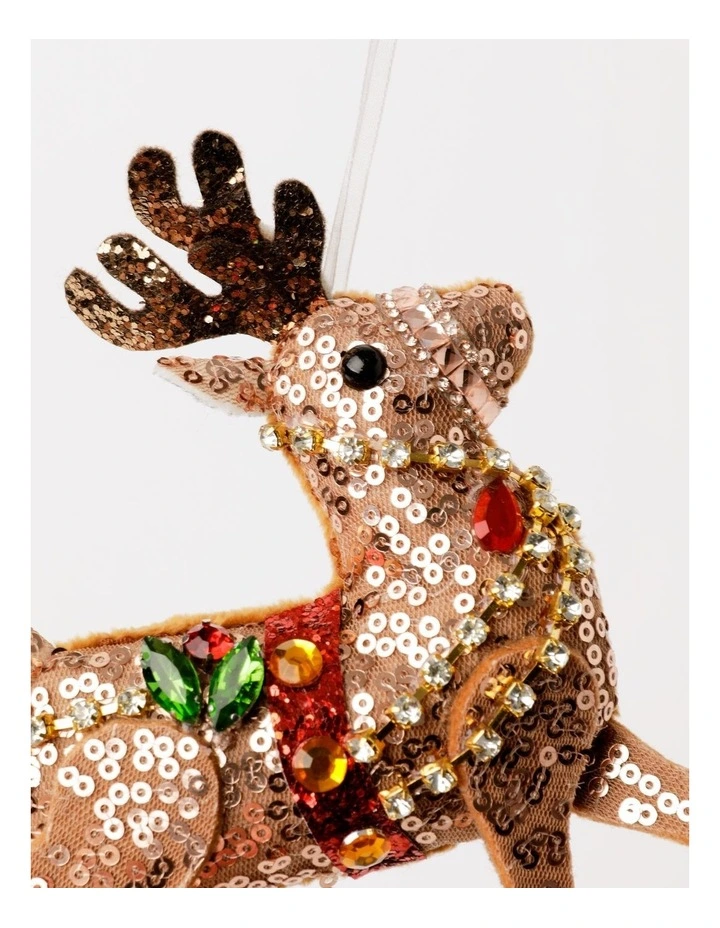 Heirloom Christmas Sequinned Plush Reindeer Ornament 15cm in Brown image 4